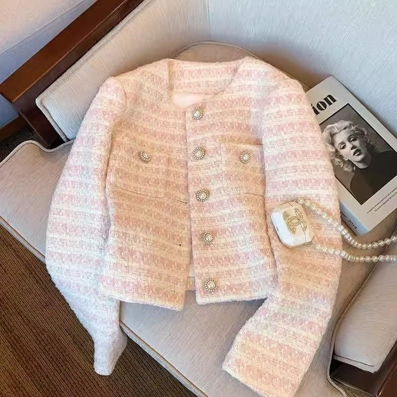 EMITA BLOOM baju atasan outer pesta pink soft crop top lengan panjang kondangan simple elegan wanita kekinian korean style tweed