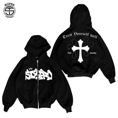 SIXPRO - Hoodie Boxy Zipper Hearth Hitam Fit Distro Oversize Pria Wanita Premium