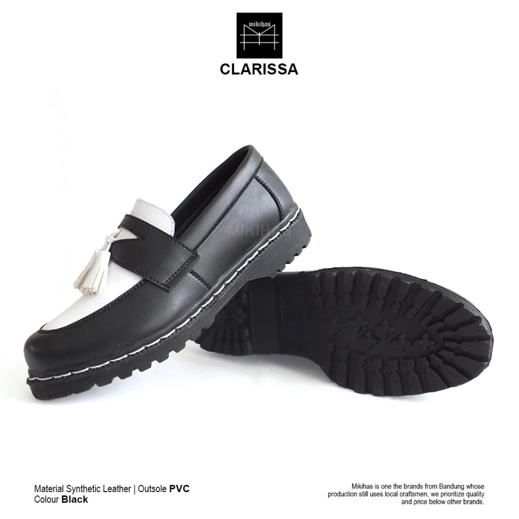 Mikihas Claris - Sepatu Loafers Wanita Kulit Hitam Putih Slip On Kasual - Sol PVC Hitam Ringan