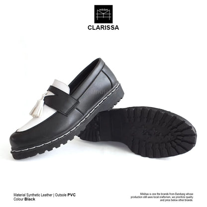 Mikihas Claris - Sepatu Loafers Wanita Kulit Hitam Putih Slip On Kasual - Sol PVC Hitam Ringan