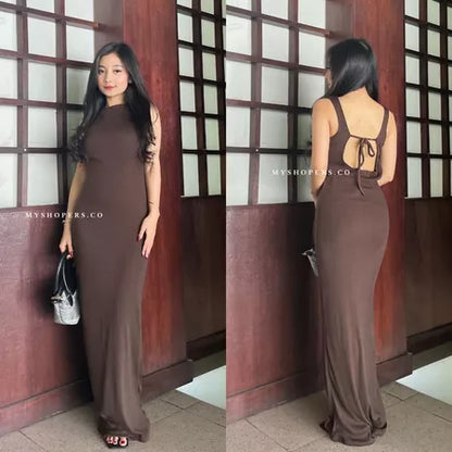 Tavia Long Dress Bahan Rib Backless Tali Belakang Punggung Terbuka Panjang Bodycon Strait Melar