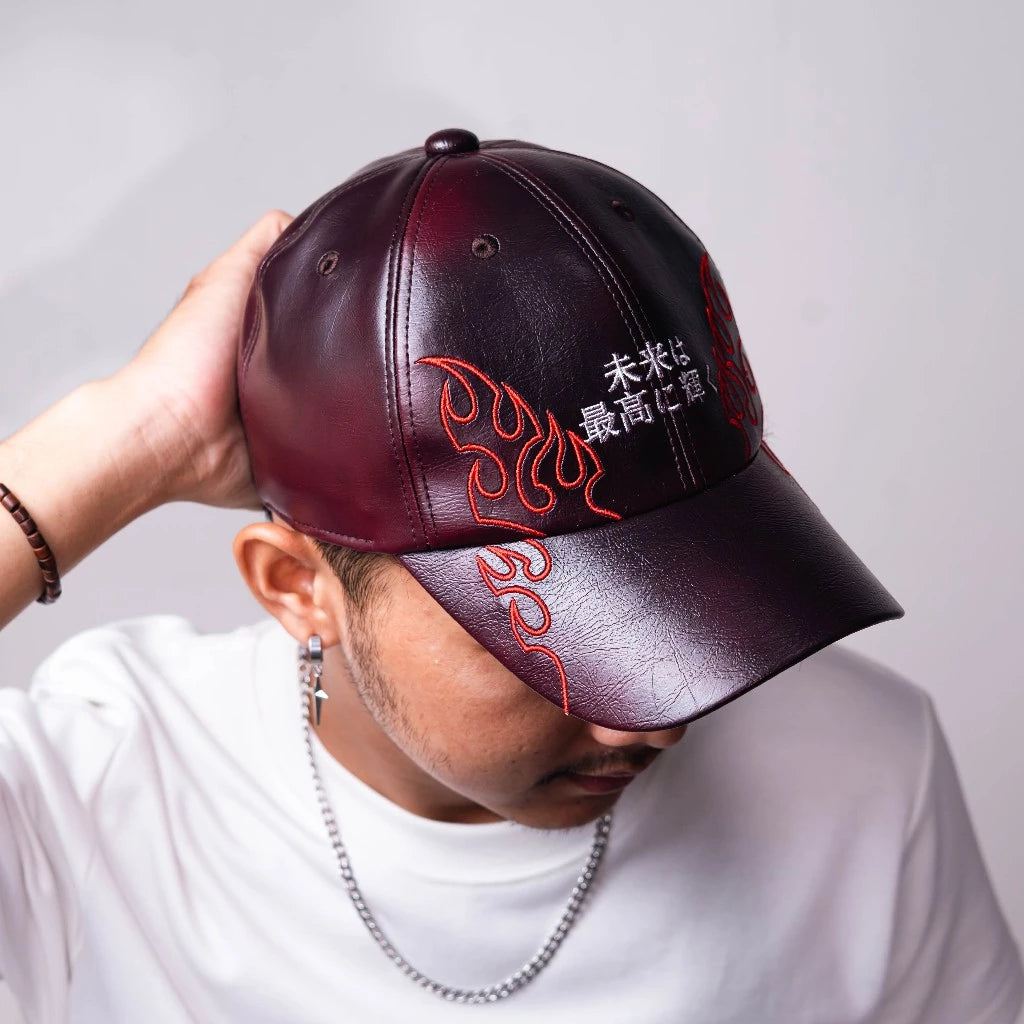 BOZRVK Red Flame Kanji Leather Baseball Cap - Topi Baseball Pria Maroon