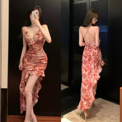 YIMITA dress panjang wanita kekinian korean style tanpa lengan cantik blue elegant party bunga press body dress terbaru 2026