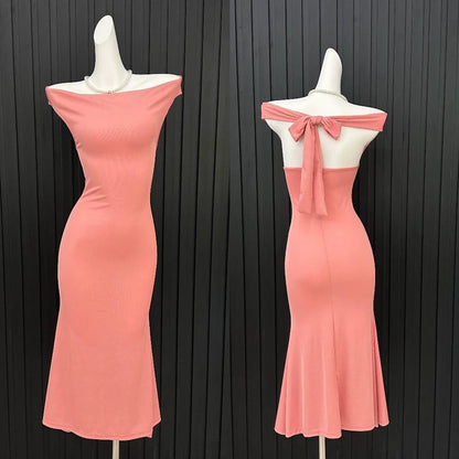 EMITA BLOOM baju dress brown backless pantai wanita ketat kondangan simple elegan kekinian korean style gaun pesta mewah elegan