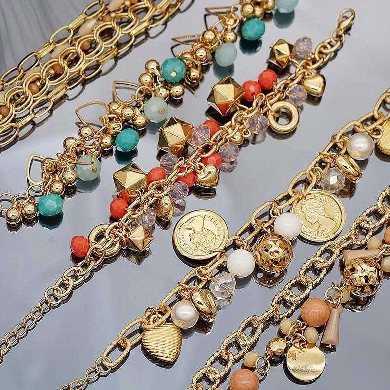 14 model Rantai Pesona Kristal Berwarna Gelang manik Multi-lapis Wanita Buatan Tangan Emas