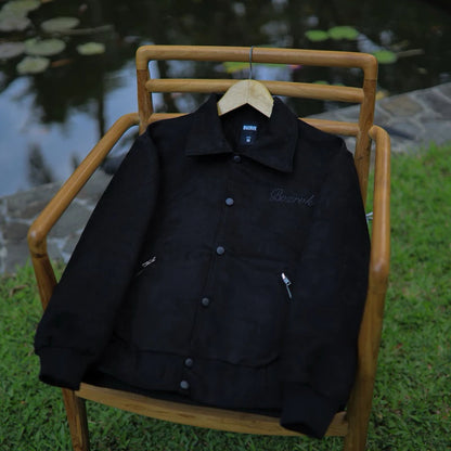 BOZRVK Suede Jaket Pria Kasual Black Snap Button