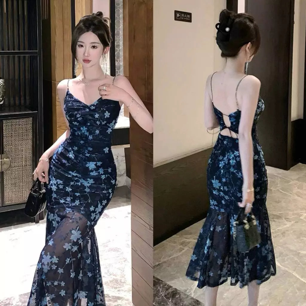 EMITA BLOOM dress abu abu wanita kondangan long dress backless wanita Elegant korean beach Dress ke pantai dress import