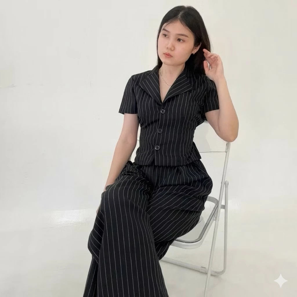 New York Set Wanita Stripe Formal Salur (Atasan+Celana) Fit Body Semiwoll Premium