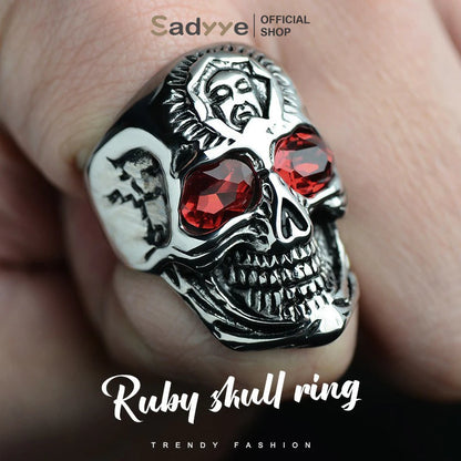 Sadyye Cincin Titanium Bentuk Tren Mode Rubi Bertahtakan Batu Vintage Pria Cincin Hip-Hop Aksesoris