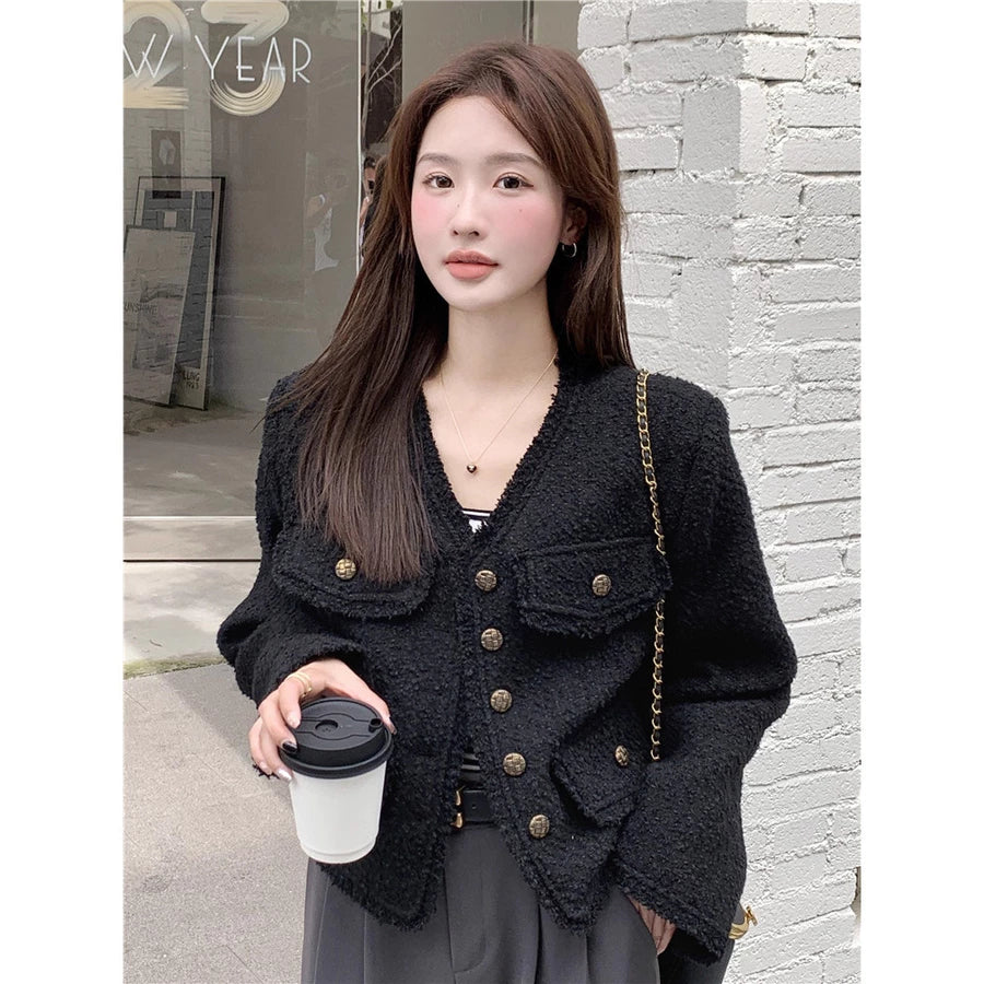EMITA BLOOM tweed blazer crop wanita kekinian atasan outer biru muda lengan pendek wanita cardigan kondangan aesthetic korea style