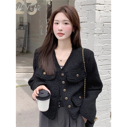 EMITA BLOOM tweed blazer crop wanita kekinian atasan outer biru muda lengan pendek wanita cardigan kondangan aesthetic korea style