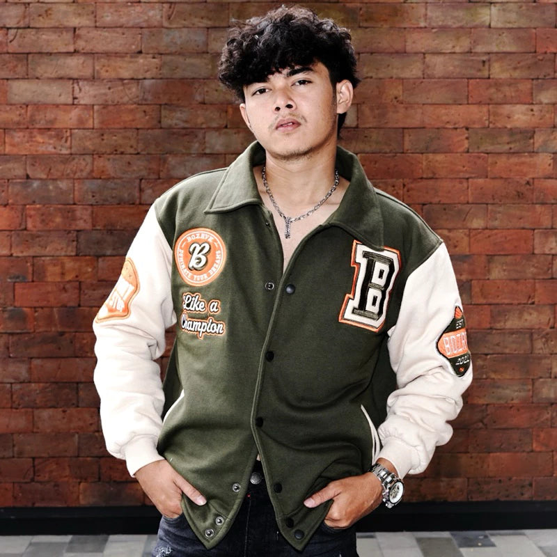 BOZRVK Jaket Varsity Pria Unisex Champion Army Full Bordir