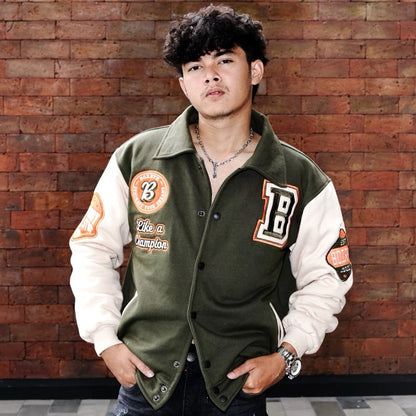BOZRVK Jaket Varsity Pria Unisex Champion Army Full Bordir