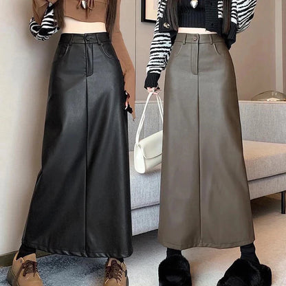 Rok Kulit Wanita PU Pinggang Tinggi Highwaist Saku Belahan Belakang