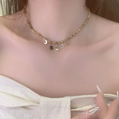 Set Kalung dan Gelang Wanita Gaya Vintage Manik Emas Ornamen Bulan Bintang Couple Fashion Aesthetic