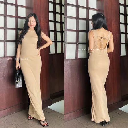 Tavia Long Dress Bahan Rib Backless Tali Belakang Punggung Terbuka Panjang Bodycon Strait Melar