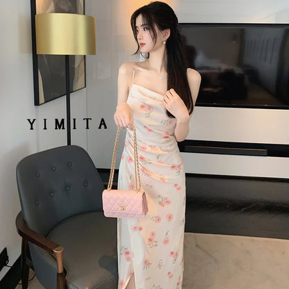 Yimita baju midi dress motif bunga cantik ke pantai jumbo wanita korean style party dress elegant casual dress terbaru 2026 import
