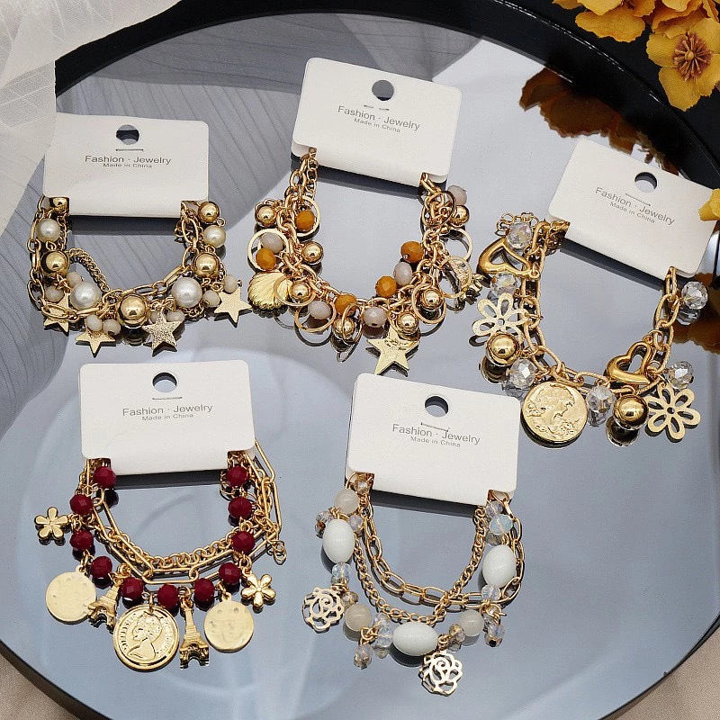 14 model Rantai Pesona Kristal Berwarna Gelang manik Multi-lapis Wanita Buatan Tangan Emas