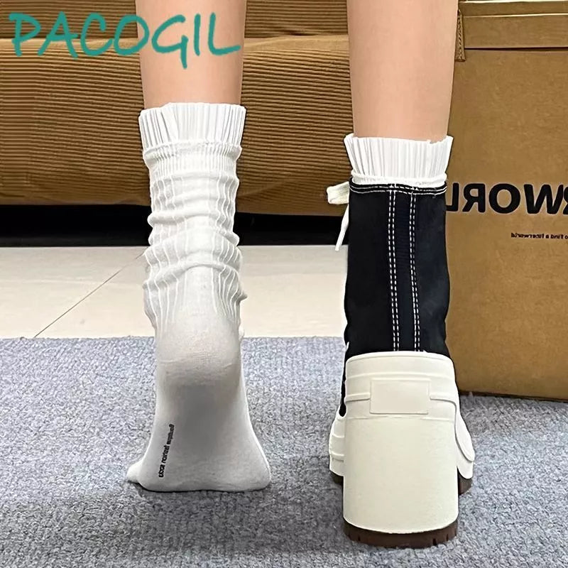 PINKEY P320 Sepatu Boots Tinggi untuk Wanita Trendy, Model Korean Style dengan Bahan Kanvas - Hitam