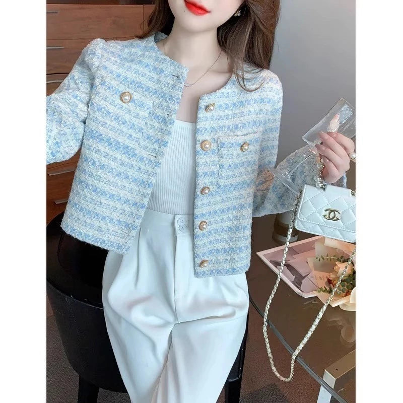 EMITA BLOOM tweed blazer crop wanita kekinian atasan outer biru muda lengan pendek wanita cardigan kondangan aesthetic korea style