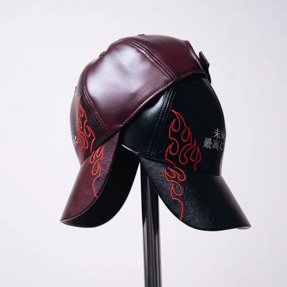 BOZRVK Red Flame Kanji Leather Baseball Cap - Topi Baseball Pria Maroon