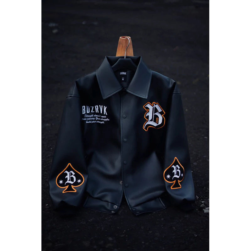 BOZRVK Jaket Varsity Unisex Hitam Leather Full Bordir