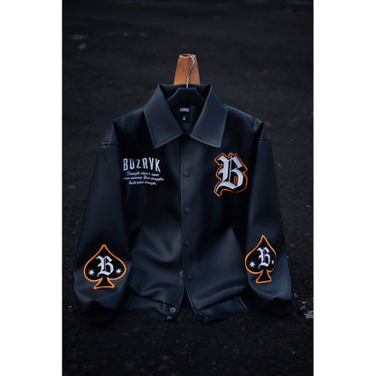 BOZRVK Jaket Varsity Unisex Hitam Leather Full Bordir