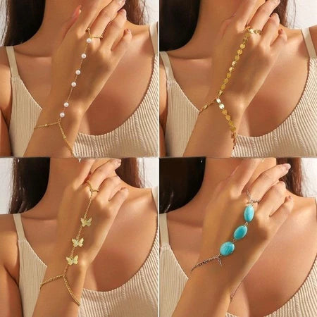 Gelang Jari Terhubung Bertingkat Tiga dengan Kristal dan Manik-Manik Desain Retro Modis Q624