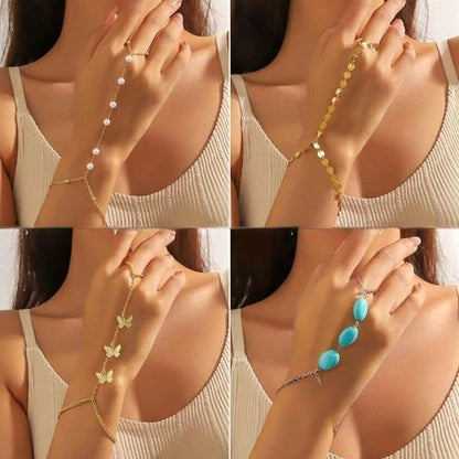 Gelang Jari Terhubung Bertingkat Tiga dengan Kristal dan Manik-Manik Desain Retro Modis Q624