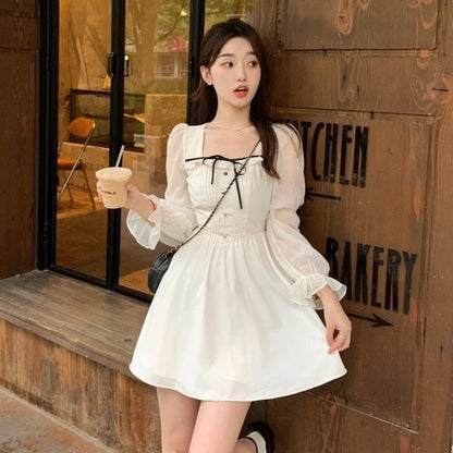 YIMITA summer korean style red long sleeve dress for woman mini formal elegant birthday party christmas dress for teens Lengan panjang