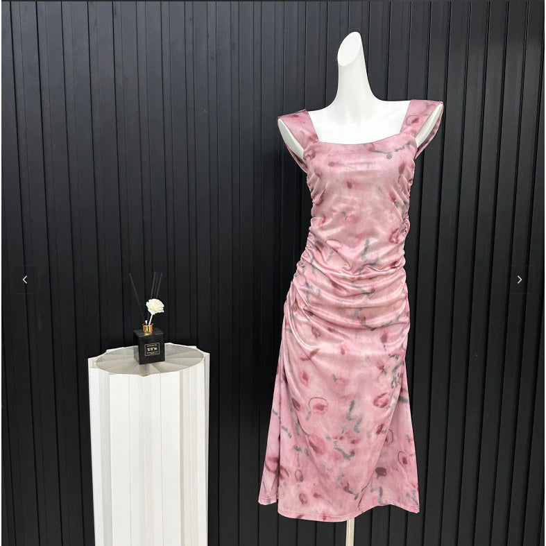 EMITA BLOOM fairy dress pink soft wanita korea baju flowy long dress pantai press Body korea style cantik dress tanpa lengan midi dress