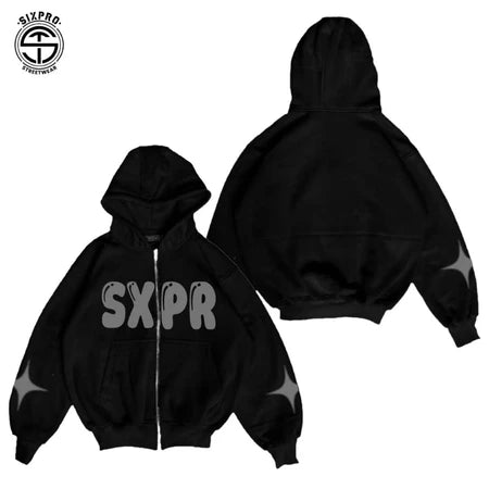 SIXPRO - Hoodie Boxy Zipper Star Hitam Oversize Boxy Pria Wanita Premium