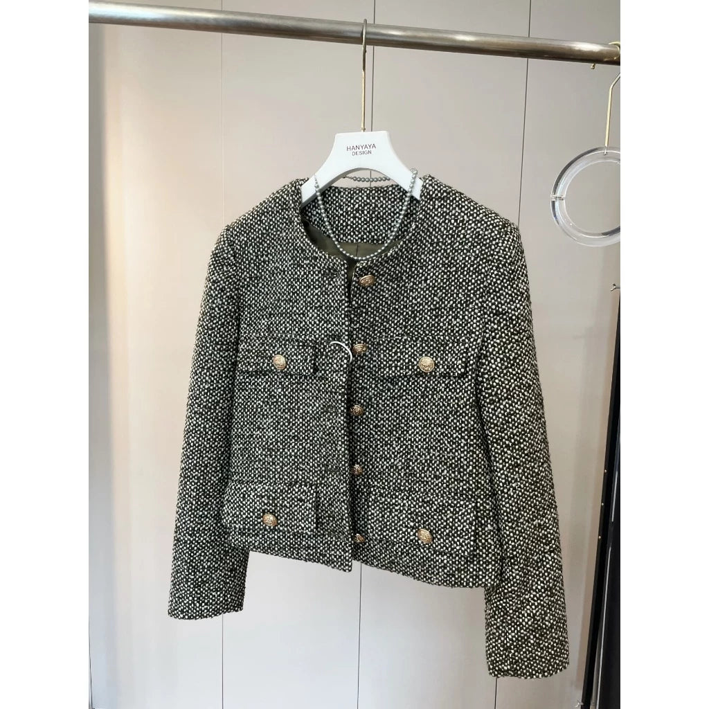 EMITA BLOOM jacket outer hitam polos kondangan wanita kekinian lebaran 2026 korean outer crop top lengan panjang tweed blazer wanita