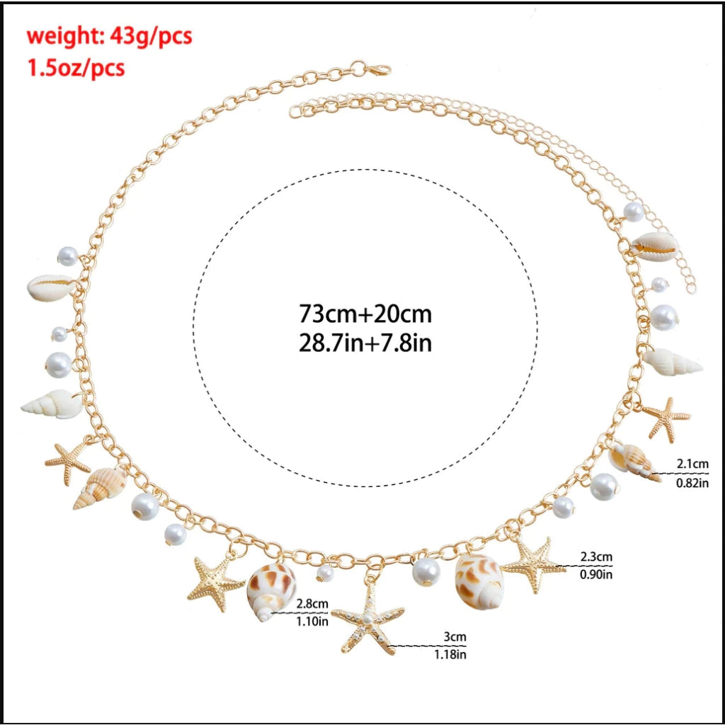 Rantai Pinggang Kerang Pantai Dengan Anting-Anting Mutiara Palsu Bintang Laut Dan Siput Rantai Pinggang Rantai Tangan