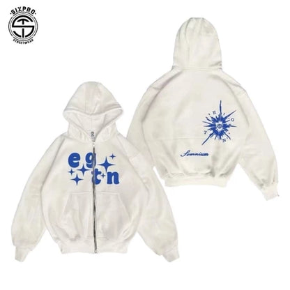 SIXPRO - Hoodie Boxy Zipper Oversize Starboy Broken Putih Pria Wanita Premium