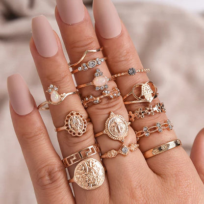 Sadyye 10PCS/SET Cincin Tanaman Rambat Cincin Berongga Bunga Bunga Sederhana Mutiara Imitasi