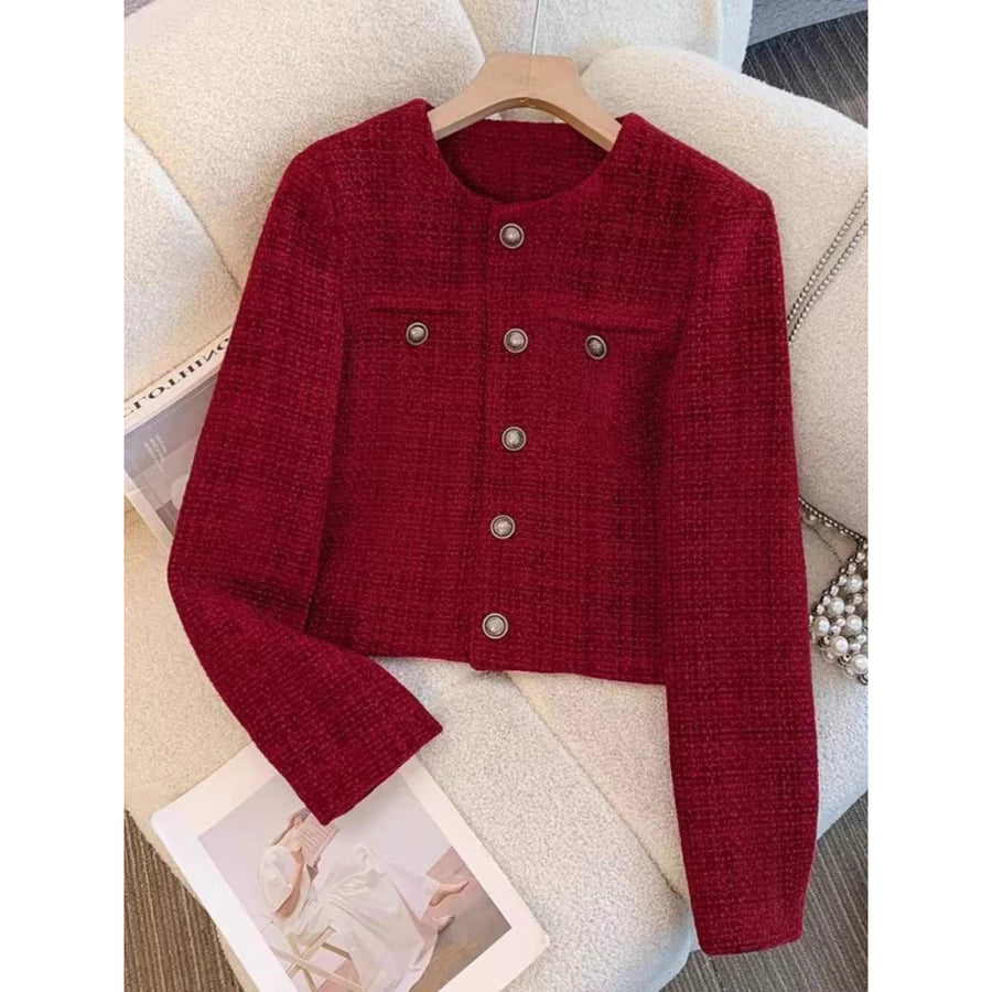 EMITA BLOOM baju atasan outer pesta pink soft crop top lengan panjang kondangan simple elegan wanita kekinian korean style tweed