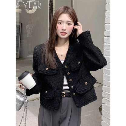 EMITA BLOOM baju blazer wanita korea style jacket outer hitam polos crop top lengan panjang kondangan wanita kekinian korea pesta
