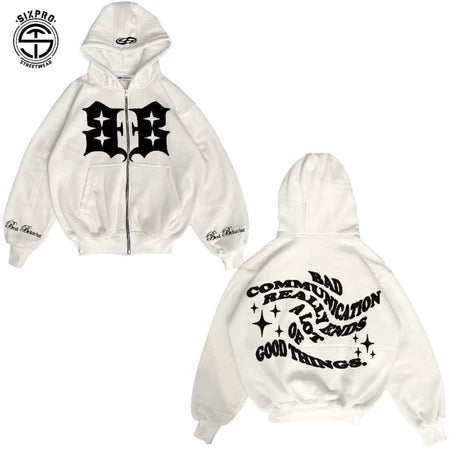 SIXPRO - Hoodie Boxy Zipper Oversize Starboy Broken Putih Pria Wanita Premium