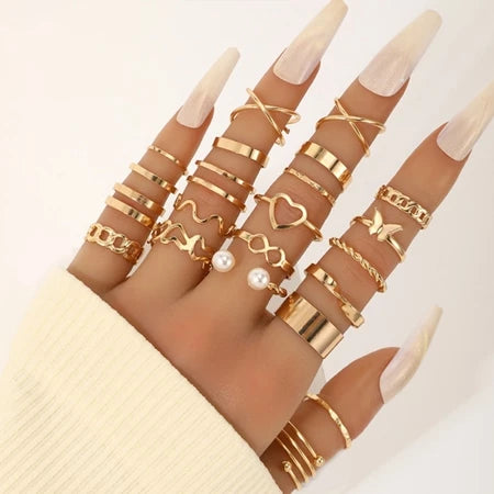 Sadyye 10PCS/SET Cincin Tanaman Rambat Cincin Berongga Bunga Bunga Sederhana Mutiara Imitasi