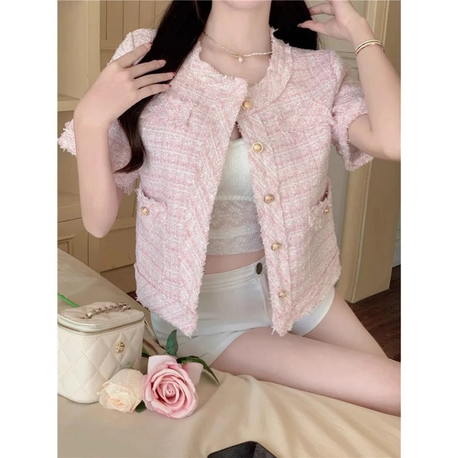 EMITA BLOOM jaket pink crop outer wanita korean style aestetic jumbo cewek terbaru 2026 tweed blazer cardigan wanita kekinian korea