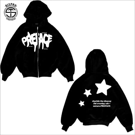 SIXPRO - Hoodie Boxy Zipper Star Hitam Oversize Boxy Pria Wanita Premium