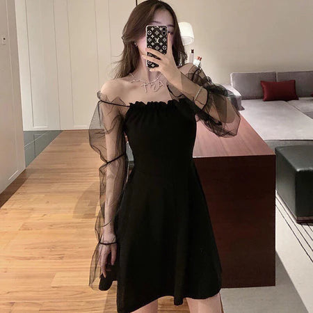 YIMITA summer korean style red long sleeve dress for woman mini formal elegant birthday party christmas dress for teens Lengan panjang