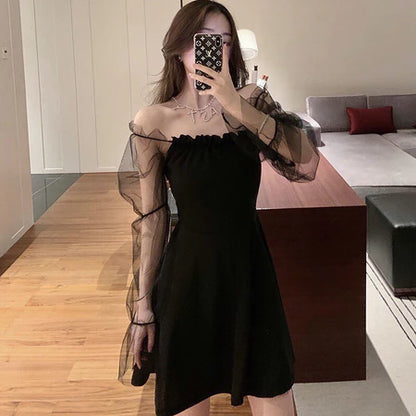 YIMITA summer korean style red long sleeve dress for woman mini formal elegant birthday party christmas dress for teens Lengan panjang