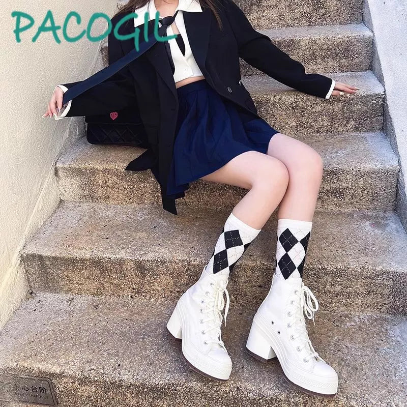 PINKEY P320 Sepatu Boots Tinggi untuk Wanita Trendy, Model Korean Style dengan Bahan Kanvas - Hitam