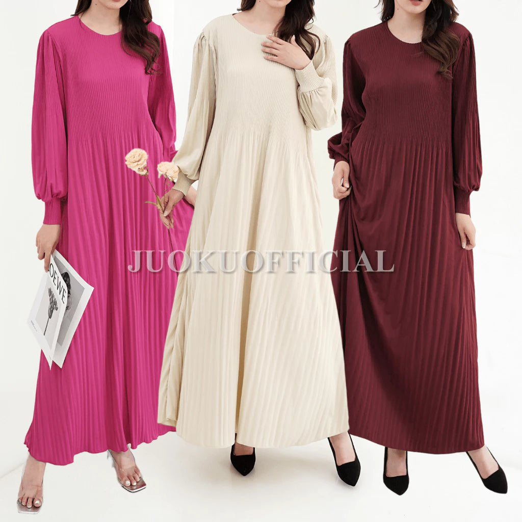 Maxi Dress Plisket Lidi Cabang Lengan Balon / Dress Lengan Panjang / Dress Panjang / Gaun Plisket Panjang / Pleated Dress