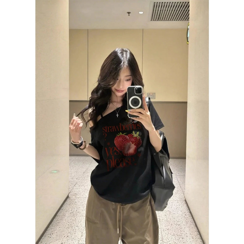 Sabrina T-shirt Oversize Red strawberries Baju Kaos Korean Style | Pria Wanita /379