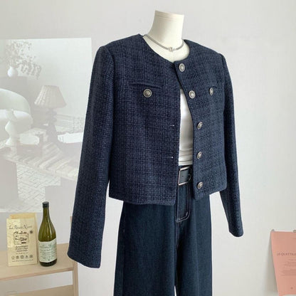EMITA BLOOM tweed blazer crop wanita kekinian atasan outer biru muda lengan pendek wanita cardigan kondangan aesthetic korea style