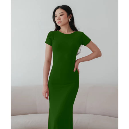 NZINGA Yuna | Dress Wanita Polos Lengan Pendek - Maxi Body Fit Casual Chic | Ukuran S - XXL