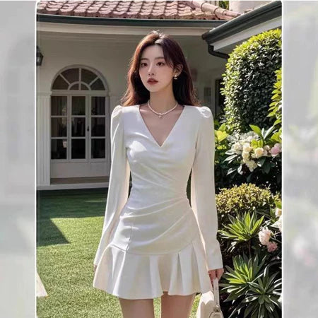 YIMITA summer korean style red long sleeve dress for woman mini formal elegant birthday party christmas dress for teens Lengan panjang
